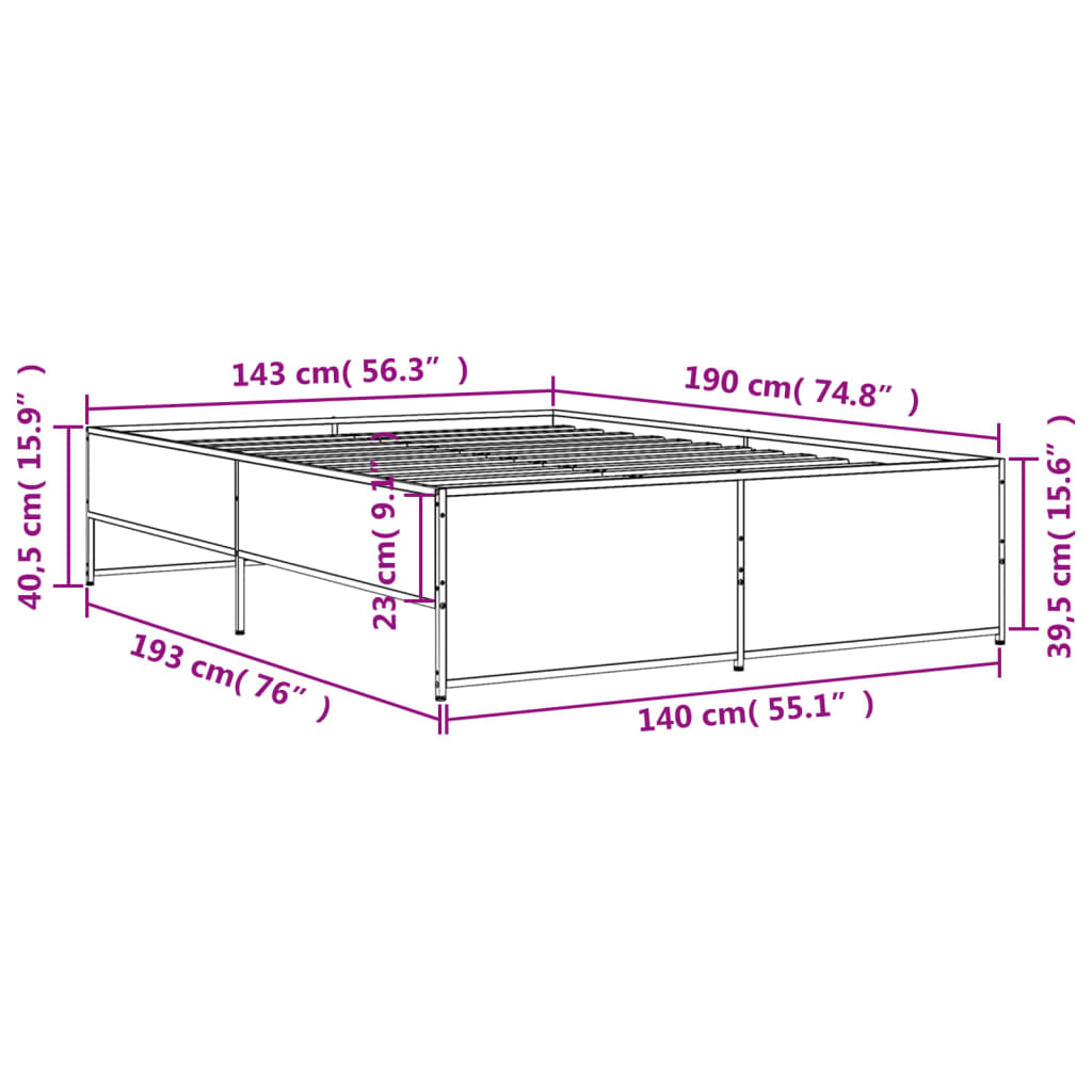 vidaXL Posteljni okvir siva sonoma 140x190 cm inž. les in kovina