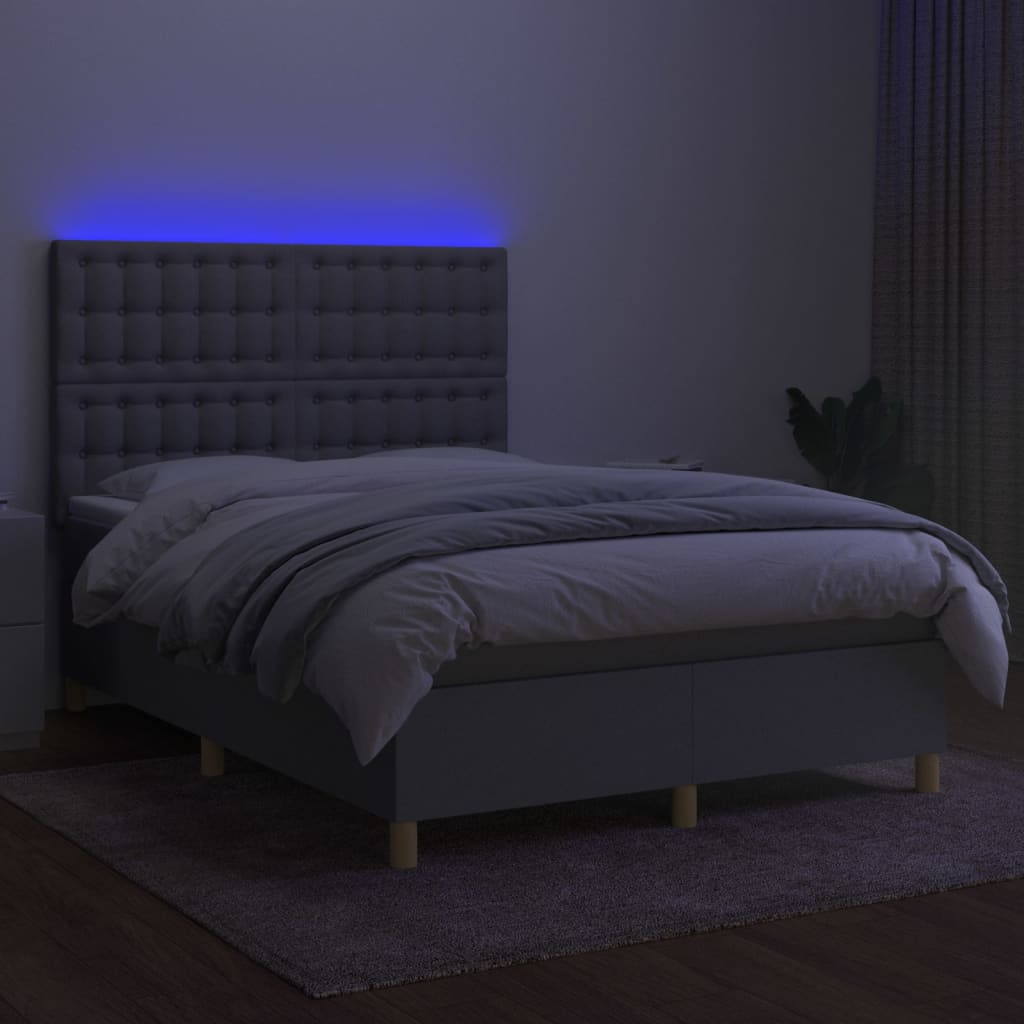 vidaXL Box spring postelja z vzmetnico LED sv. siva 140x200 cm blago