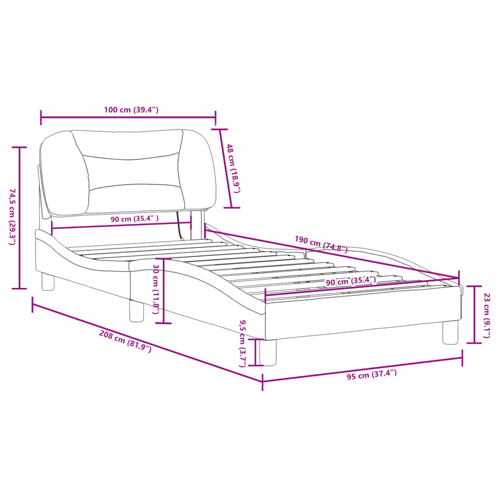 vidaXL Posteljni okvir z LED lučkami črn bel 90x190 cm umetno usnje