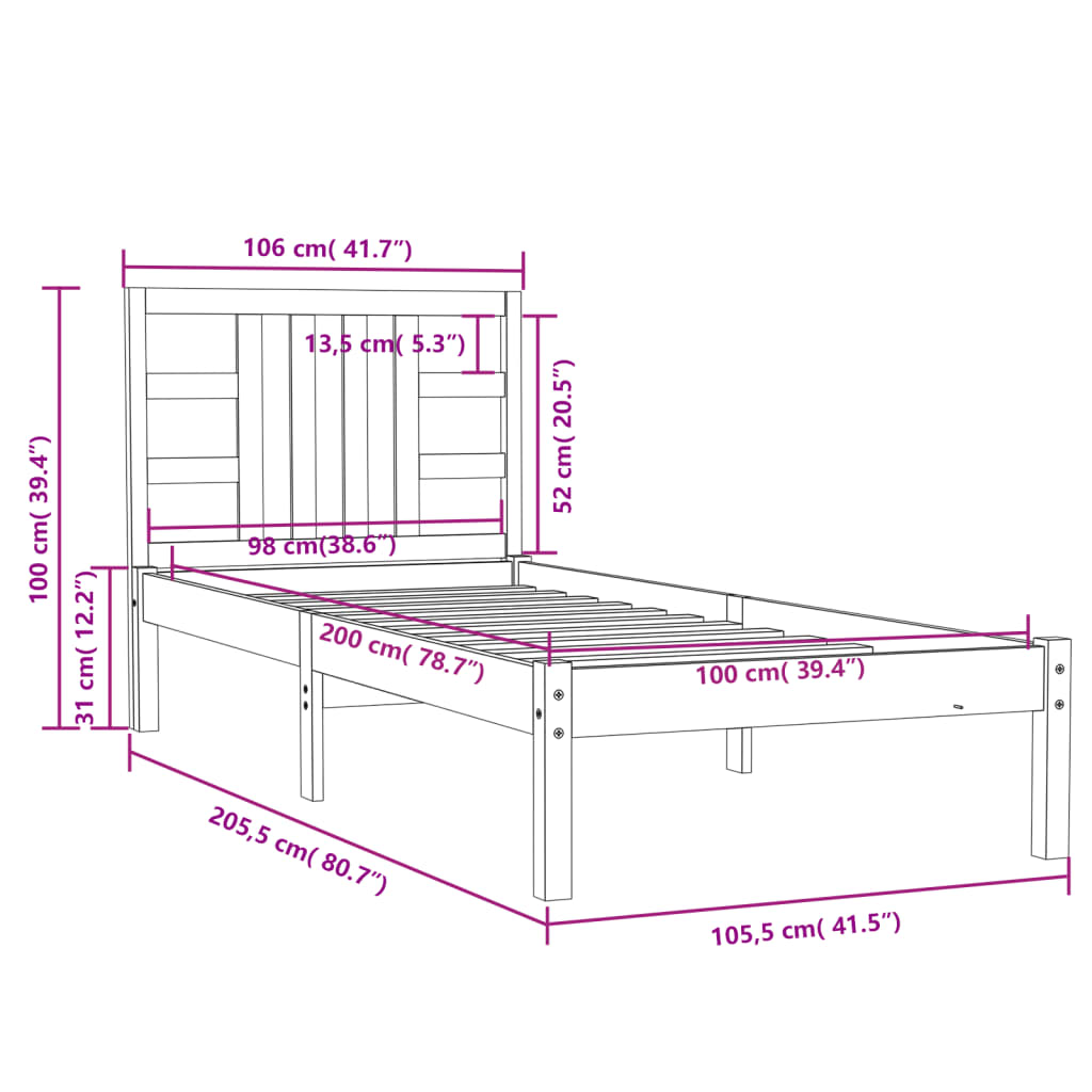 vidaXL Posteljni okvir bel iz trdnega lesa 100x200 cm