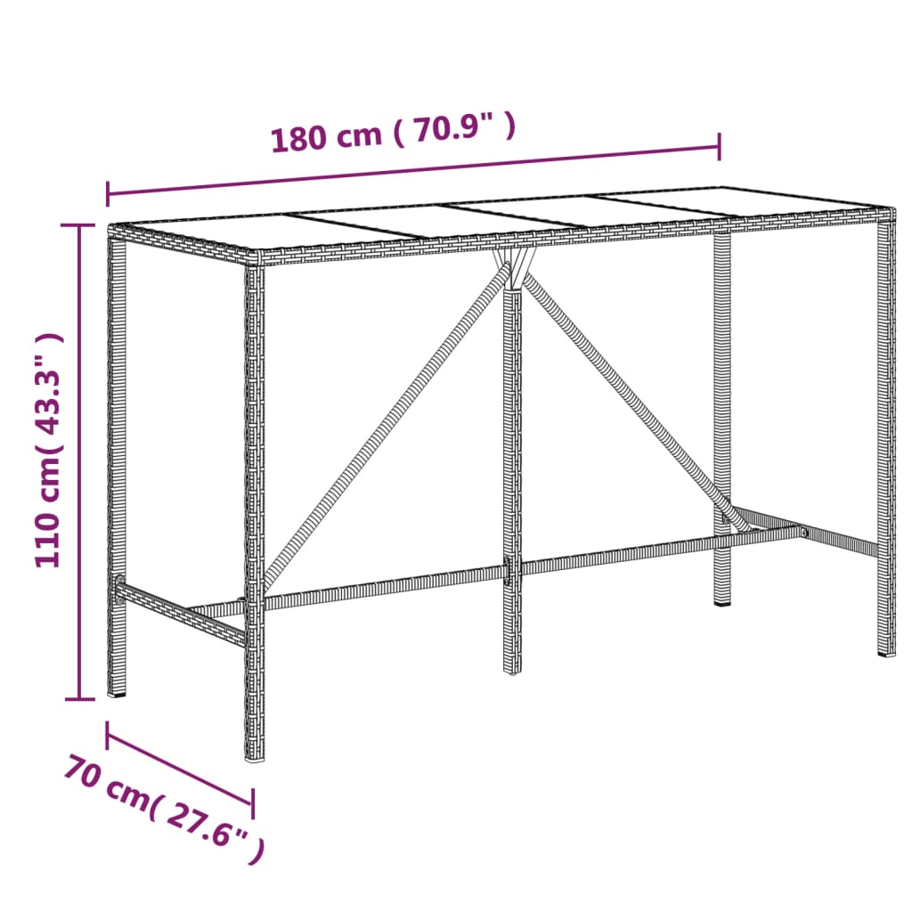 vidaXL Barska miza s stekleno ploščo rjava 180x70x110 cm poli ratan