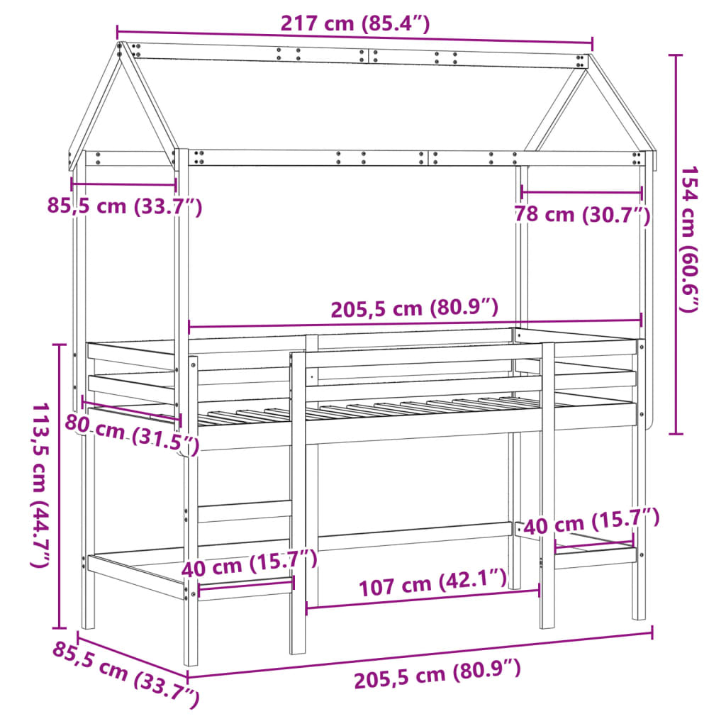 vidaXL Posteljni okvir z lestvijo in streho bel 80x200 cm borovina