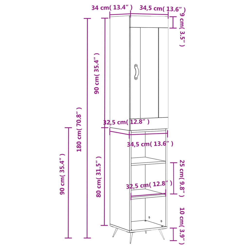 vidaXL Visoka omara črna 34,5x34x180 cm inženirski les