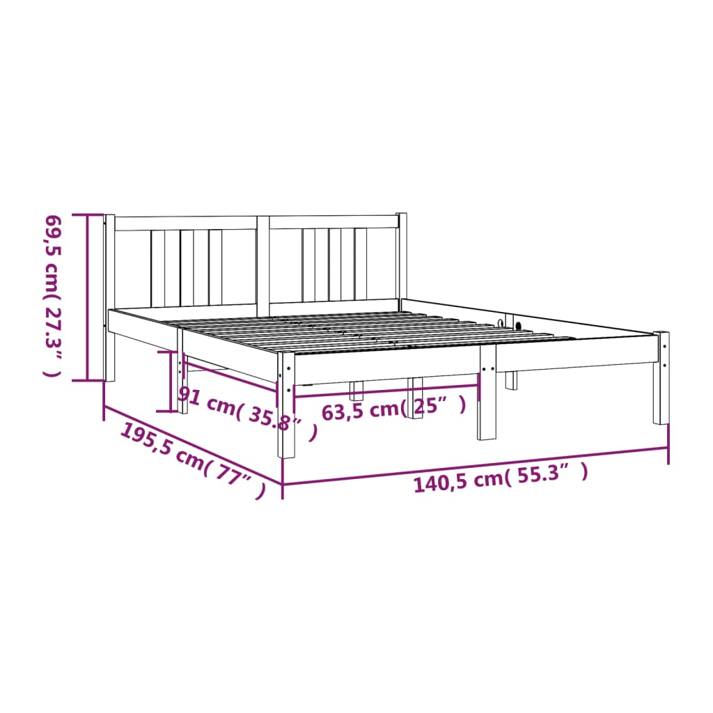 vidaXL Posteljni okvir siv iz trdnega lesa 135x190 cm