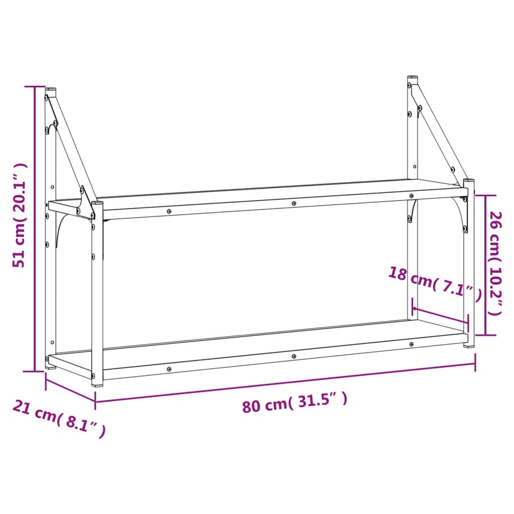 vidaXL Stenska polica 2-nadstropna sonoma hrast 80x21x51 cm inž. les