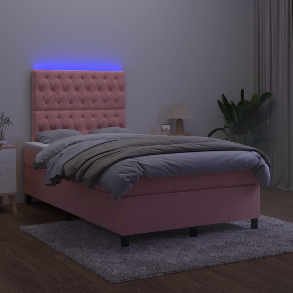 vidaXL Box spring postelja z vzmetnico LED roza 120x190 cm žamet