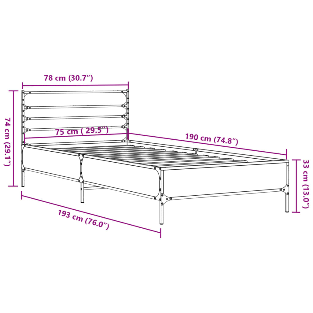 vidaXL Posteljni okvir rjav hrast 75x190 cm inženirski les in kovina