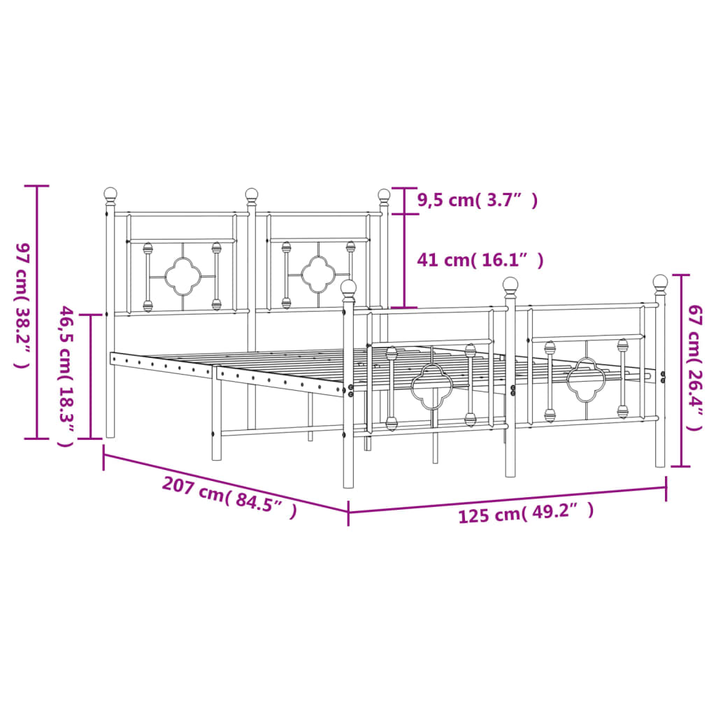 vidaXL Kovinski posteljni okvir z vzglavjem in vznožjem črn 120x200 cm