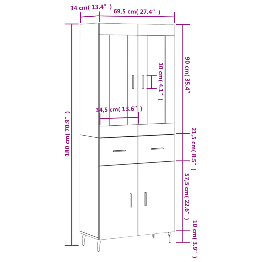 vidaXL Visoka komoda dimljen hrast 69,5x34x180 cm inženirski les