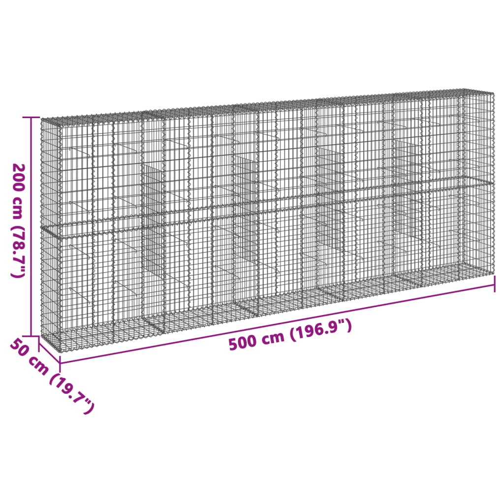 vidaXL Gabionska košara s pokrovom 500x50x200 cm pocinkano železo