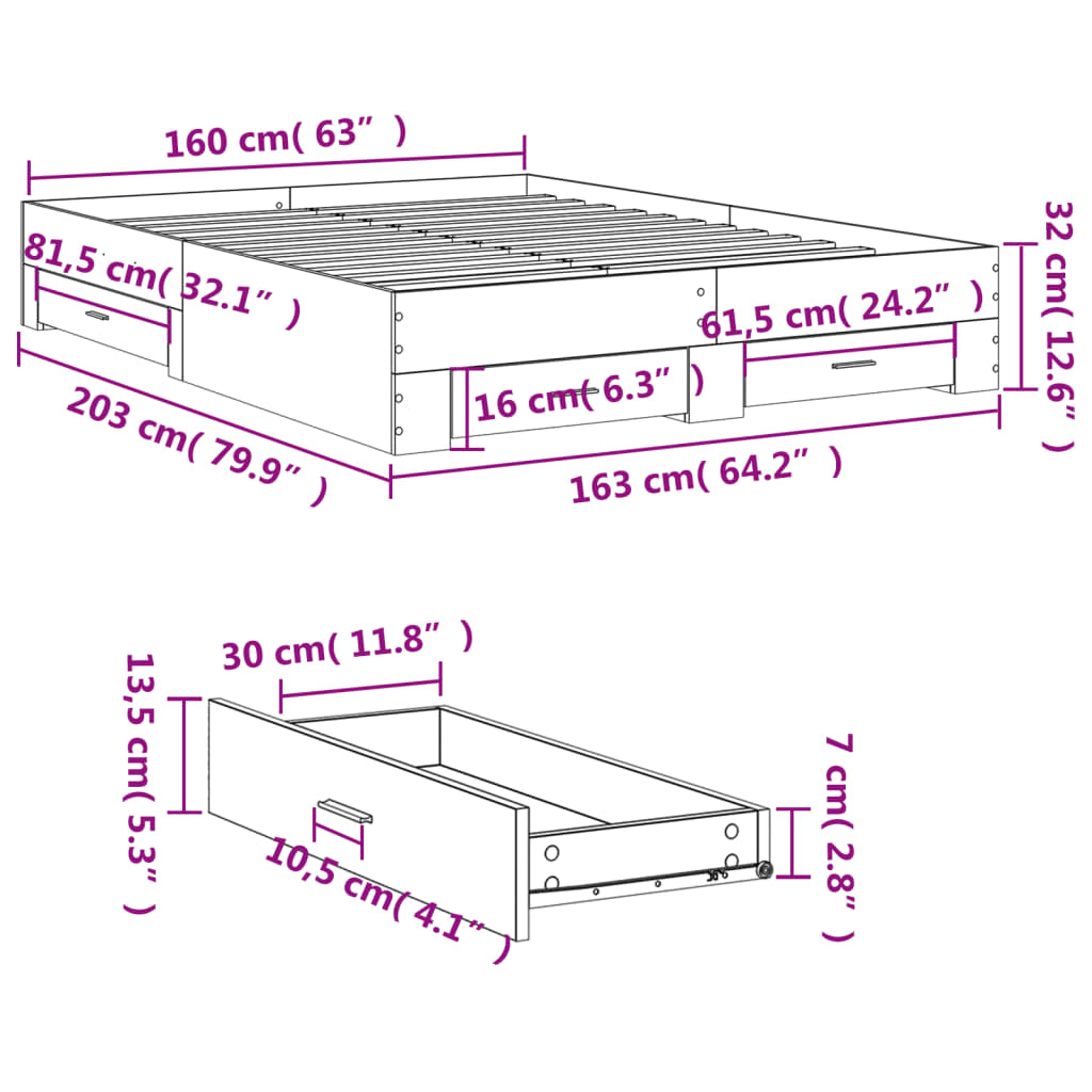 vidaXL Posteljni okvir s predali rjavi hrast 160x200 cm inženirski les