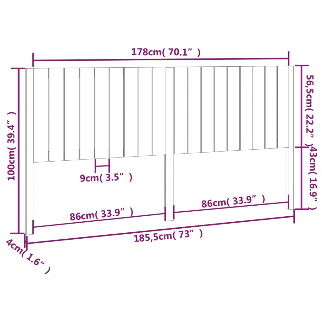 vidaXL Posteljno vzglavje 185,5x4x100 cm trdna borovina