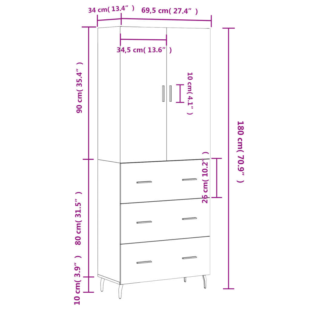 vidaXL Visoka komoda dimljen hrast 69,5x34x180 cm inženirski les