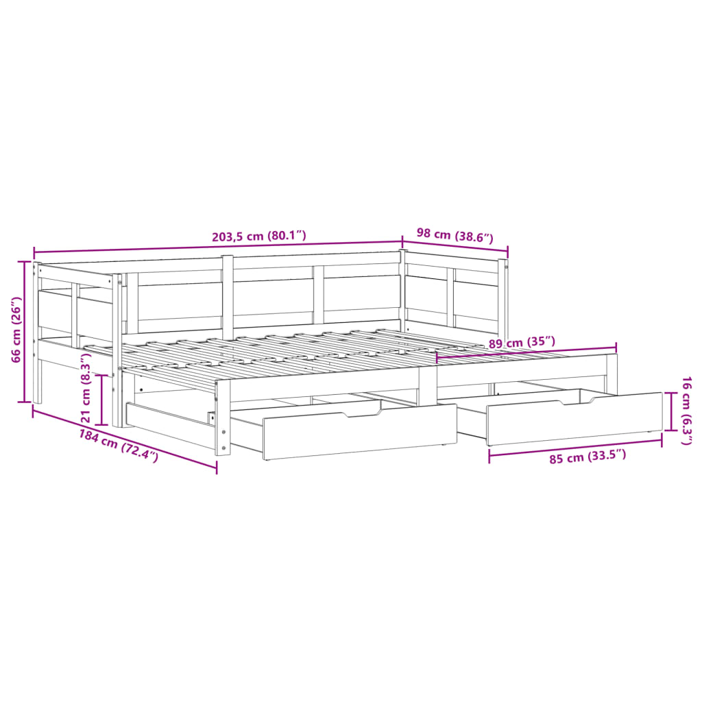 vidaXL Izvlečna dnevna postelja s predali brez vzmetnice bela 90x200cm