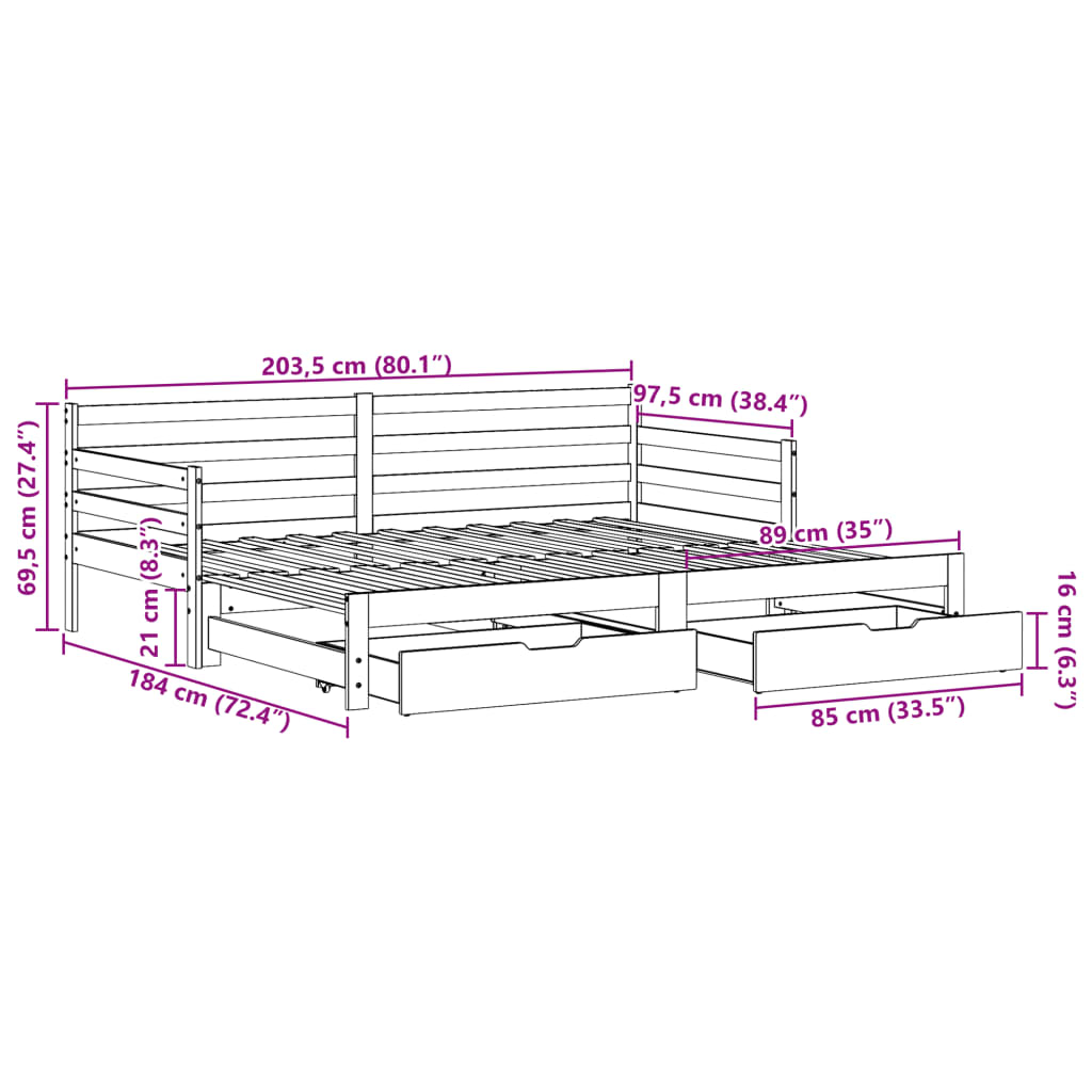 vidaXL Izvlečna dnevna postelja s predali brez vzmetnice bela 90x200cm