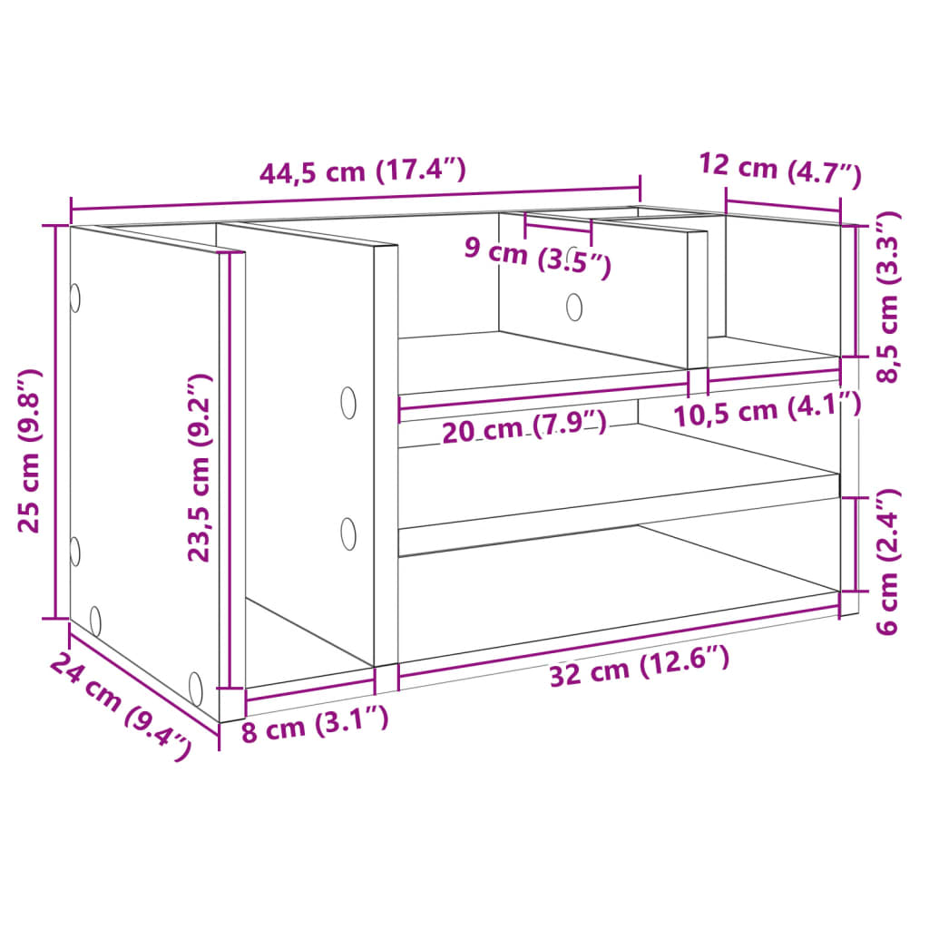 vidaXL Organizator za pisalno mizo rjavi hrast 44,5x24x25 cm inž. les