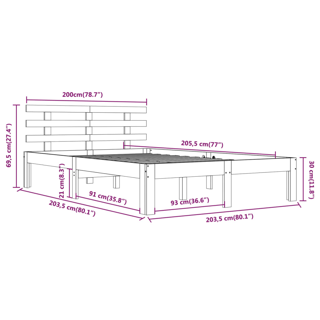 vidaXL Posteljni okvir bel iz trdnega lesa 200x200 cm