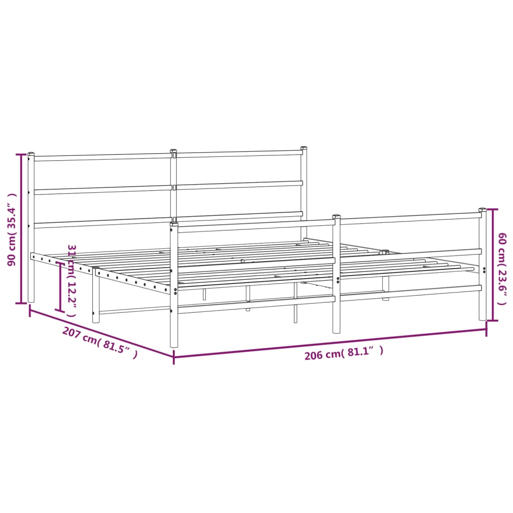 vidaXL Kovinski posteljni okvir z vzglavjem in vznožjem črn 200x200 cm