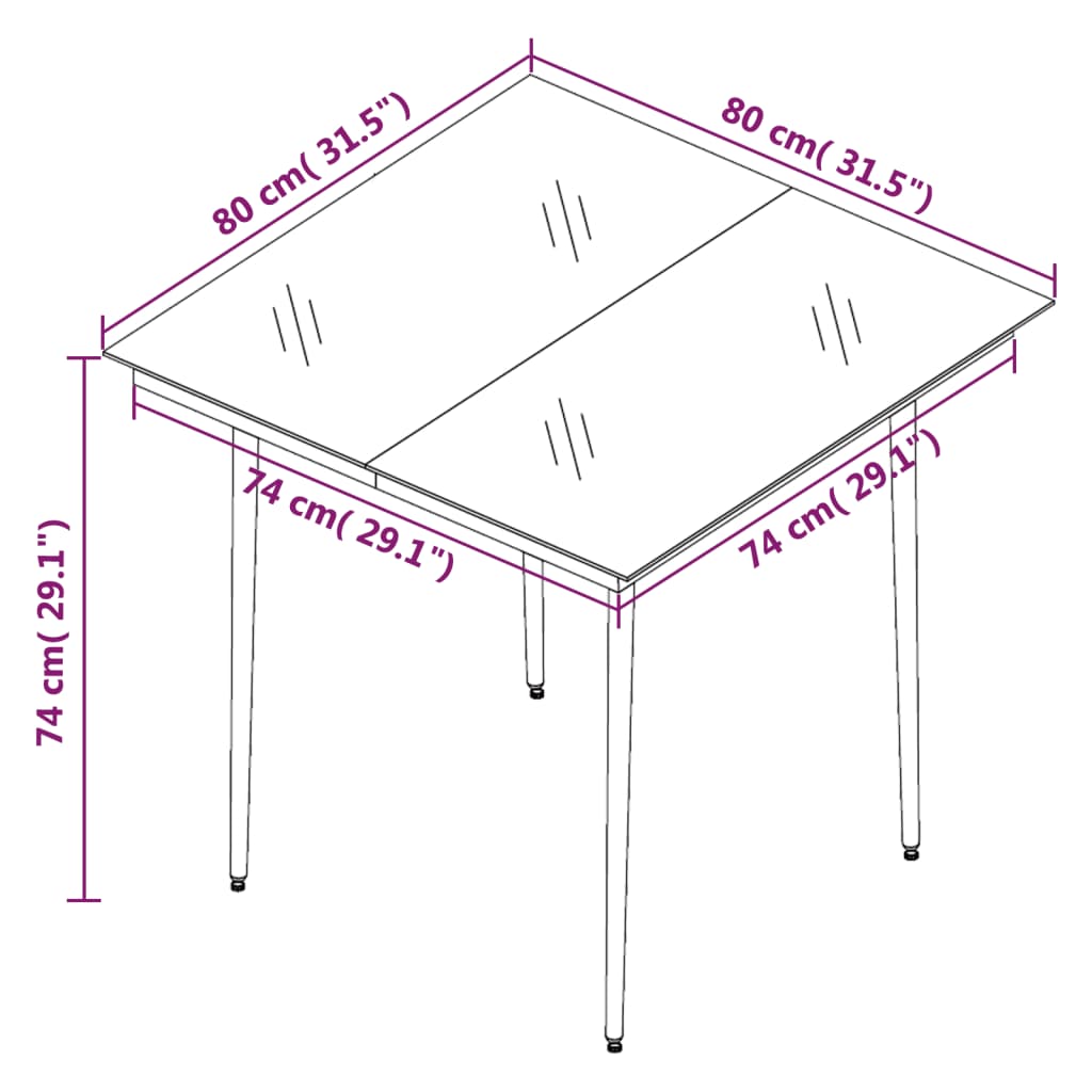 vidaXL Vrtna jedilna miza črna 80x80x74 cm jeklo in steklo