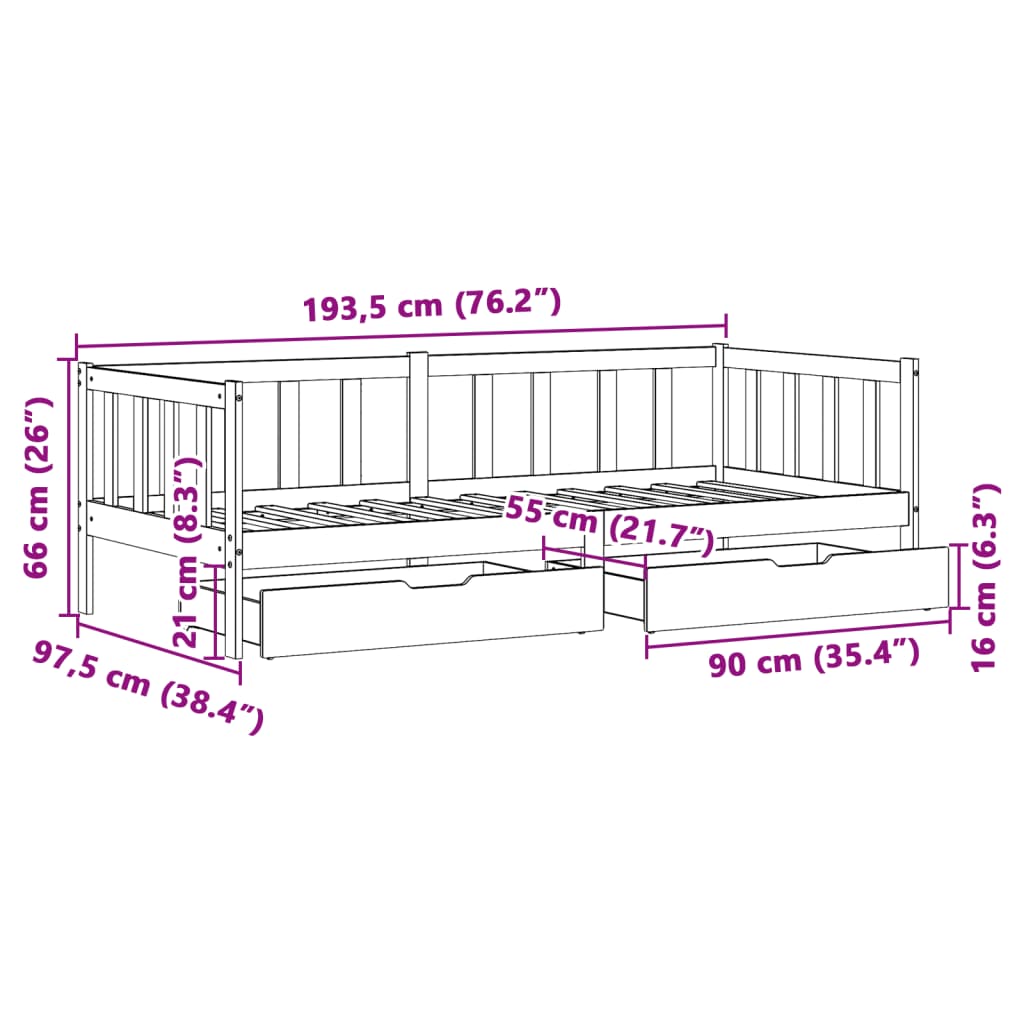 vidaXL Dnevna postelja s predali bela 90x190 cm trdna borovina