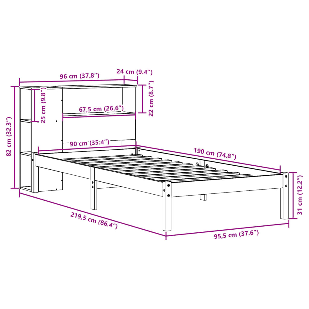 vidaXL Knjižna postelja brez vzmetnice 90x190 cm trdna borovina