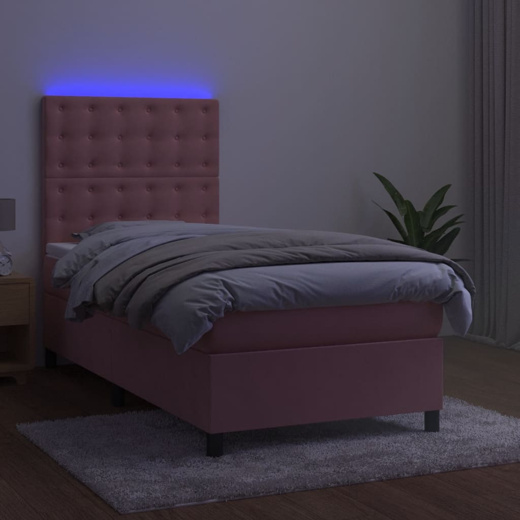 vidaXL Box spring postelja z vzmetnico LED roza 100x200 cm žamet