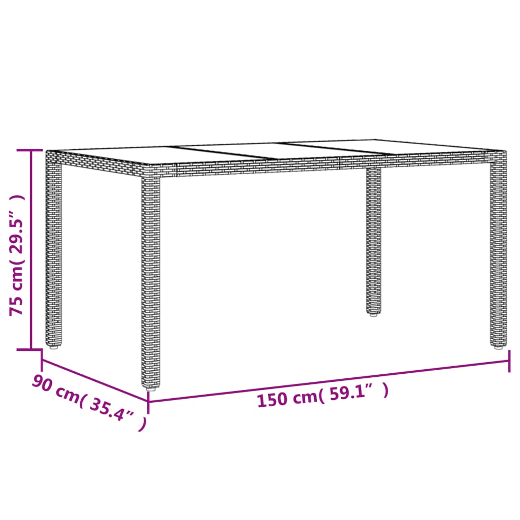 vidaXL Vrtna miza s stekleno ploščo siva 150x90x75 cm poli ratan