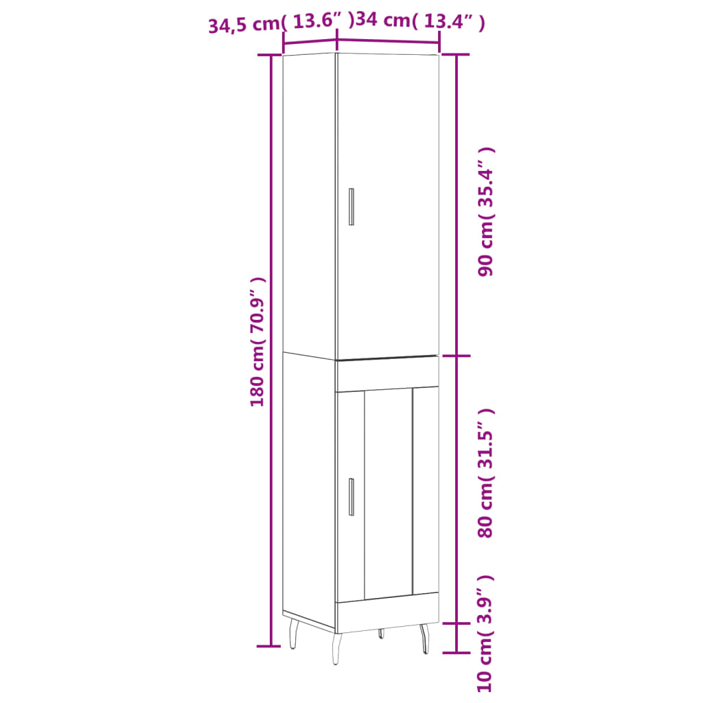 vidaXL Visoka omara bela 34,5x34x180 cm inženirski les