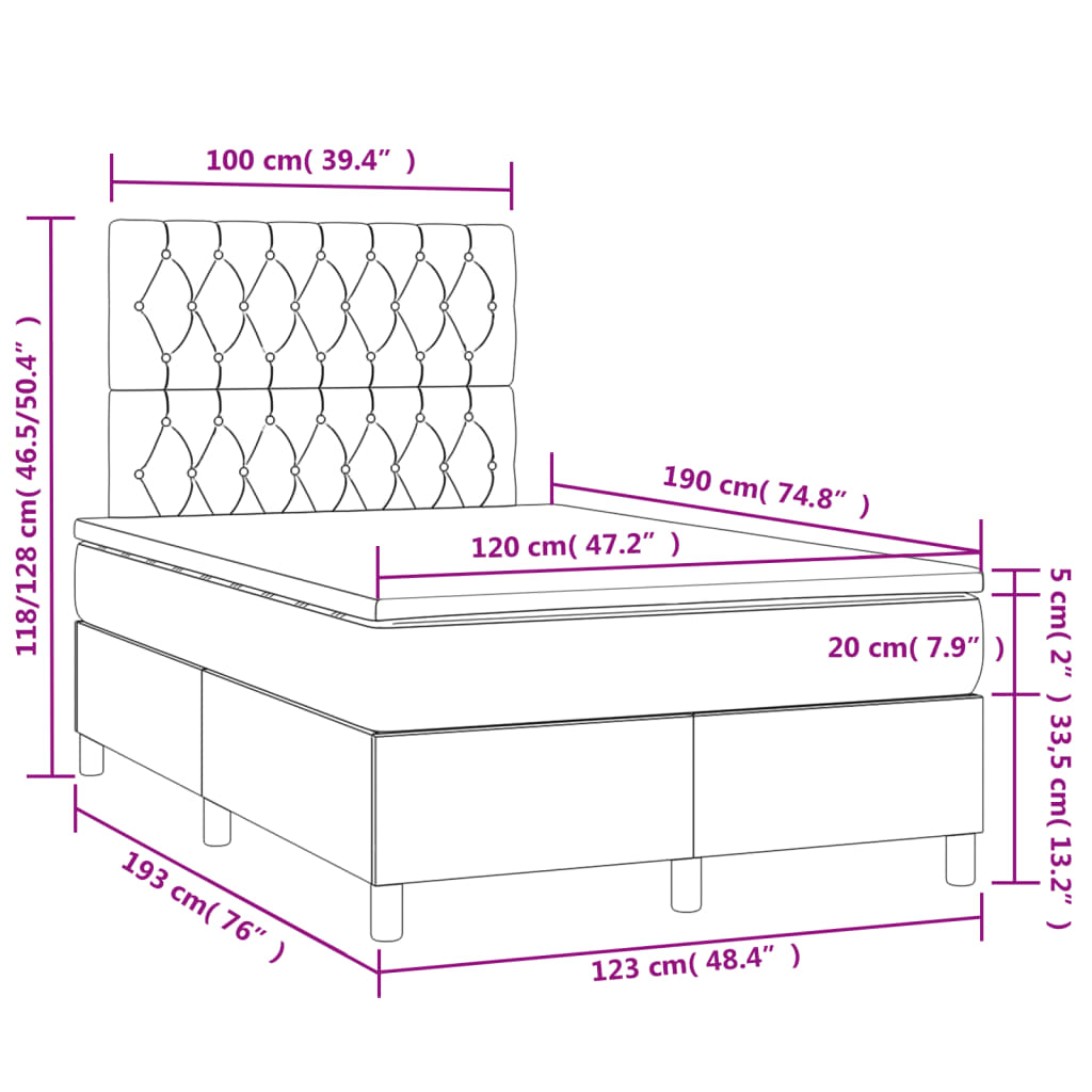 vidaXL Box spring postelja z vzmetnico LED črna 120x190 cm blago