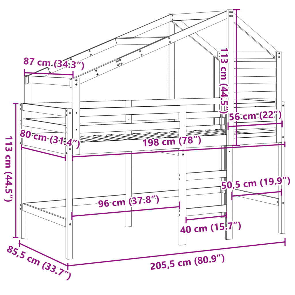 vidaXL Posteljni okvir z lestvijo in streho 80x200 cm borovina