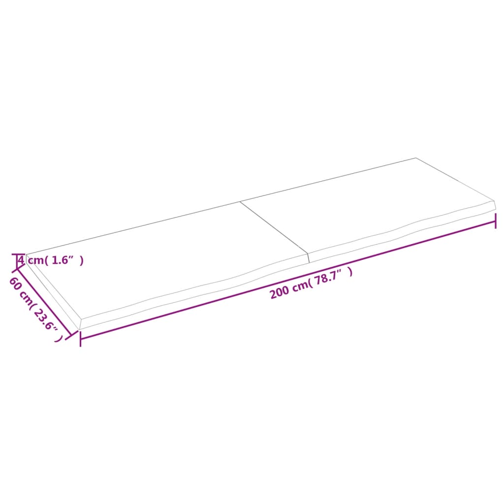 vidaXL Stenska polica 200x60x(2-4) cm neobdelana trdna hrastovina