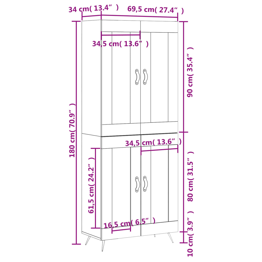 vidaXL Visoka komoda črna 69,5x34x180 cm inženirski les