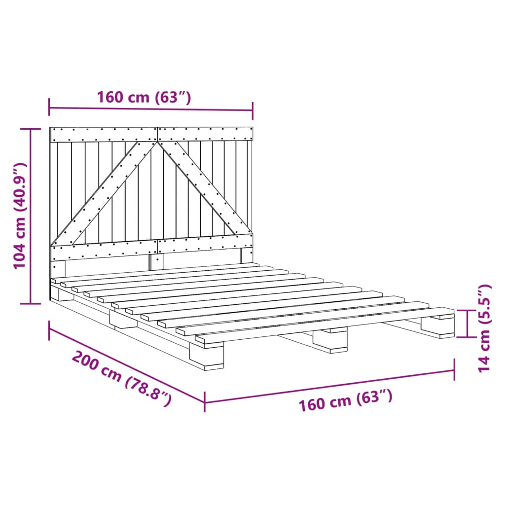 vidaXL Posteljni okvir z vzglavjem siv 160x200 cm trdna borovina