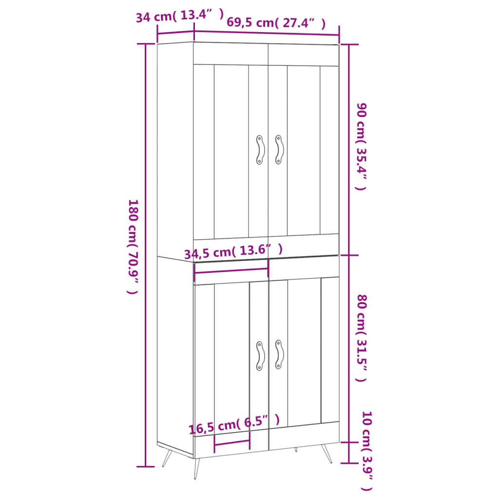 vidaXL Visoka komoda betonsko siva 69,5x34x180 cm inženirski les