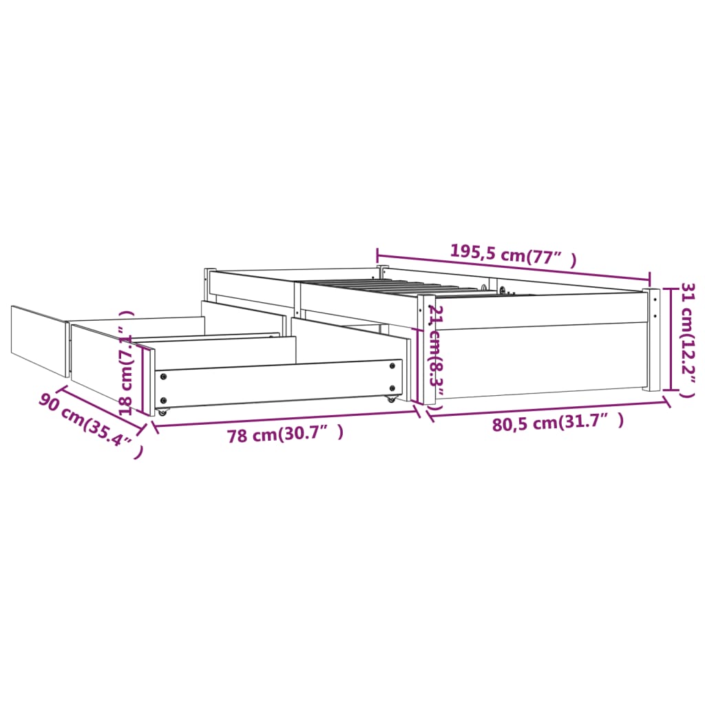 vidaXL Posteljni okvir s predali črna 75x190 cm majhna enojna