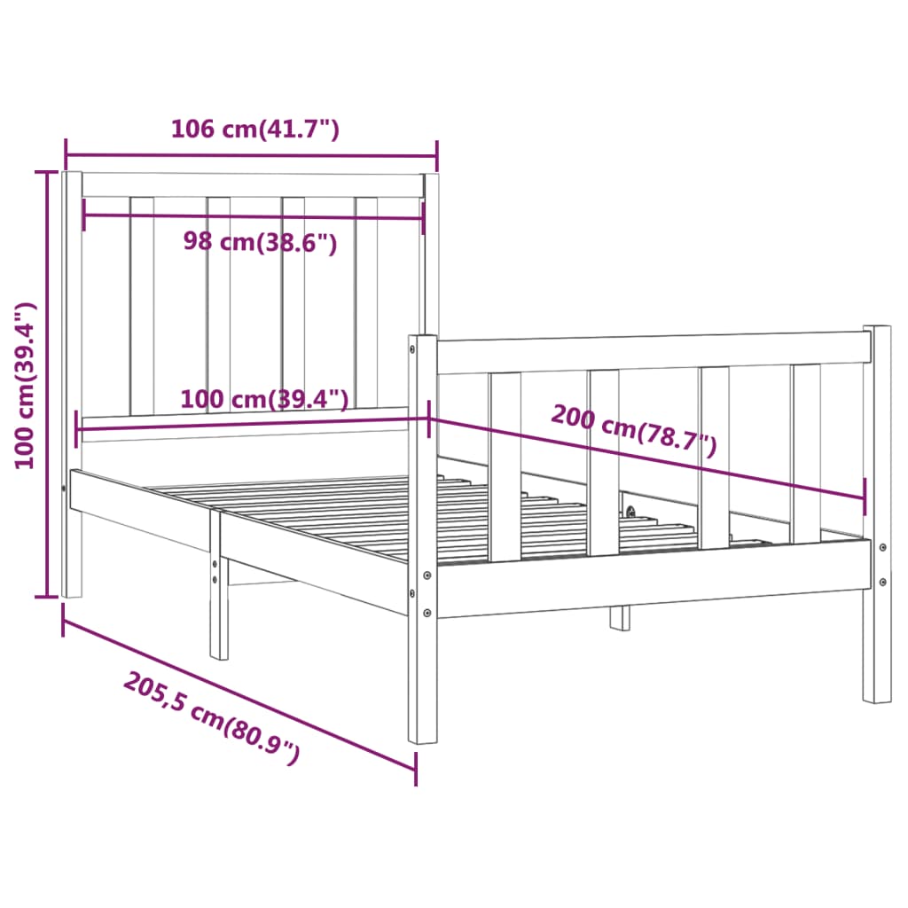 vidaXL Posteljni okvir bel iz trdnega lesa 100x200 cm