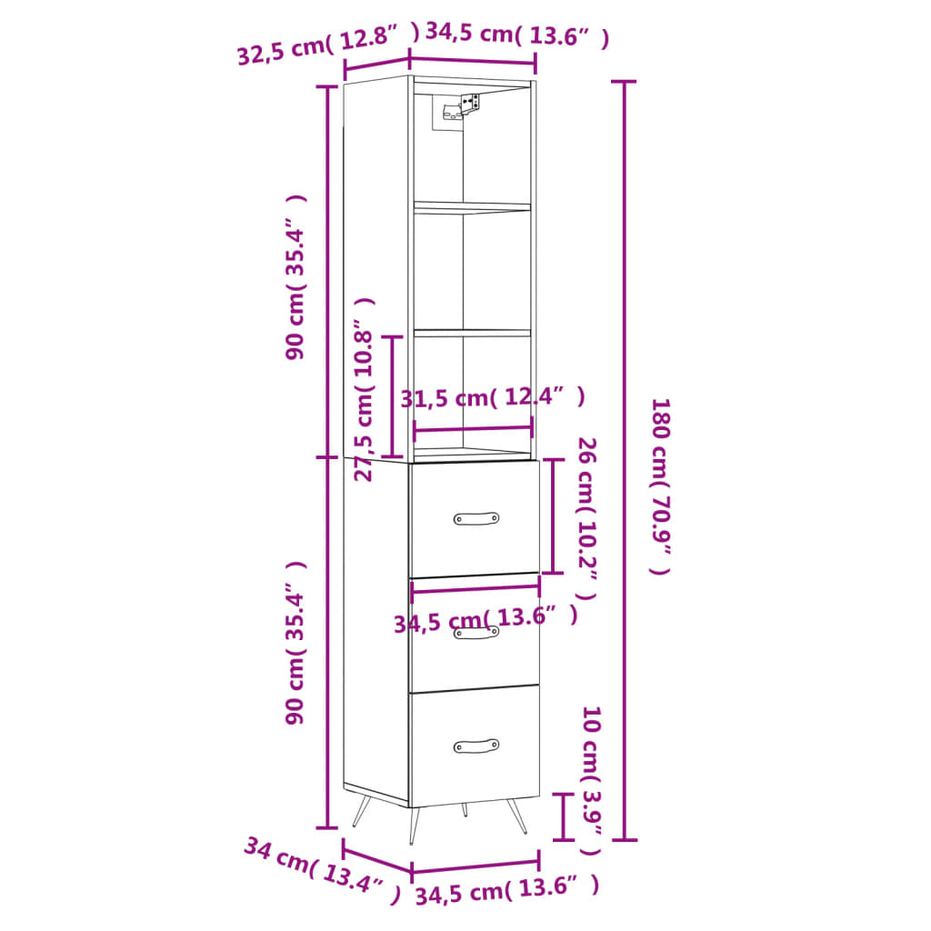 vidaXL Visoka omara siva sonoma 34,5x34x180 cm inženirski les