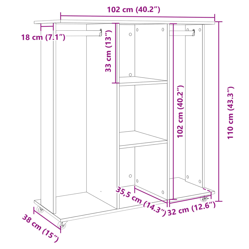 vidaXL Garderobna omara rjavi hrast s koleščki 102x38x110 cm inž. les