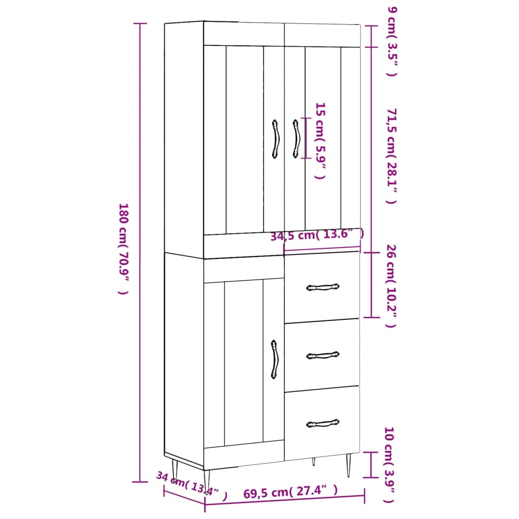 vidaXL Visoka komoda sonoma hrast 69,5x34x180 cm inženirski les