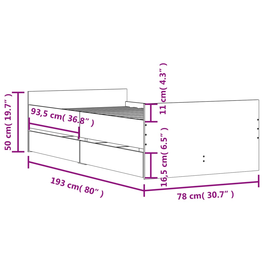 vidaXL Posteljni okvir s predali betonsko siv 75x190 cm