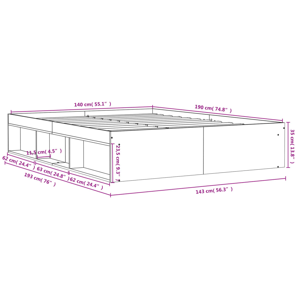 vidaXL Posteljni okvir sonoma hrast 140x190 cm