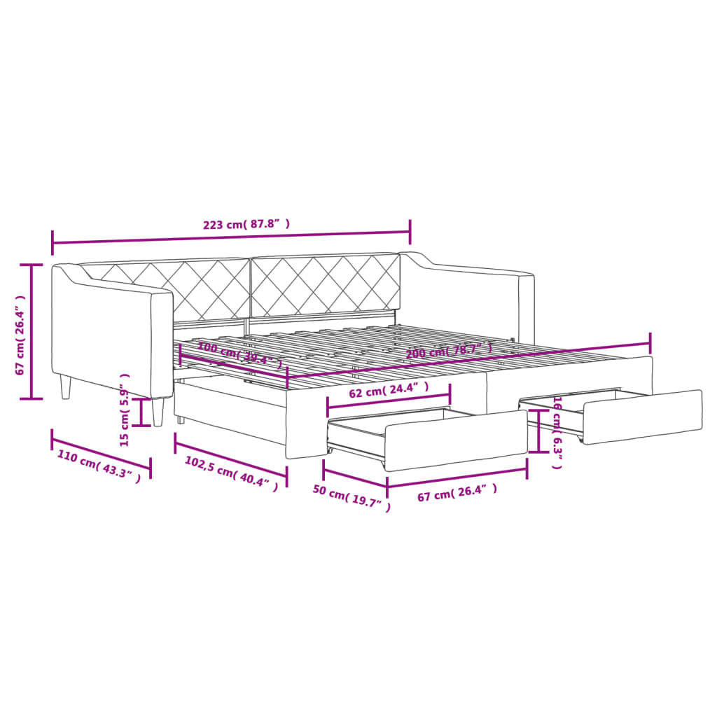 vidaXL Izvlečna dnevna postelja s predali krem 100x200 cm blago