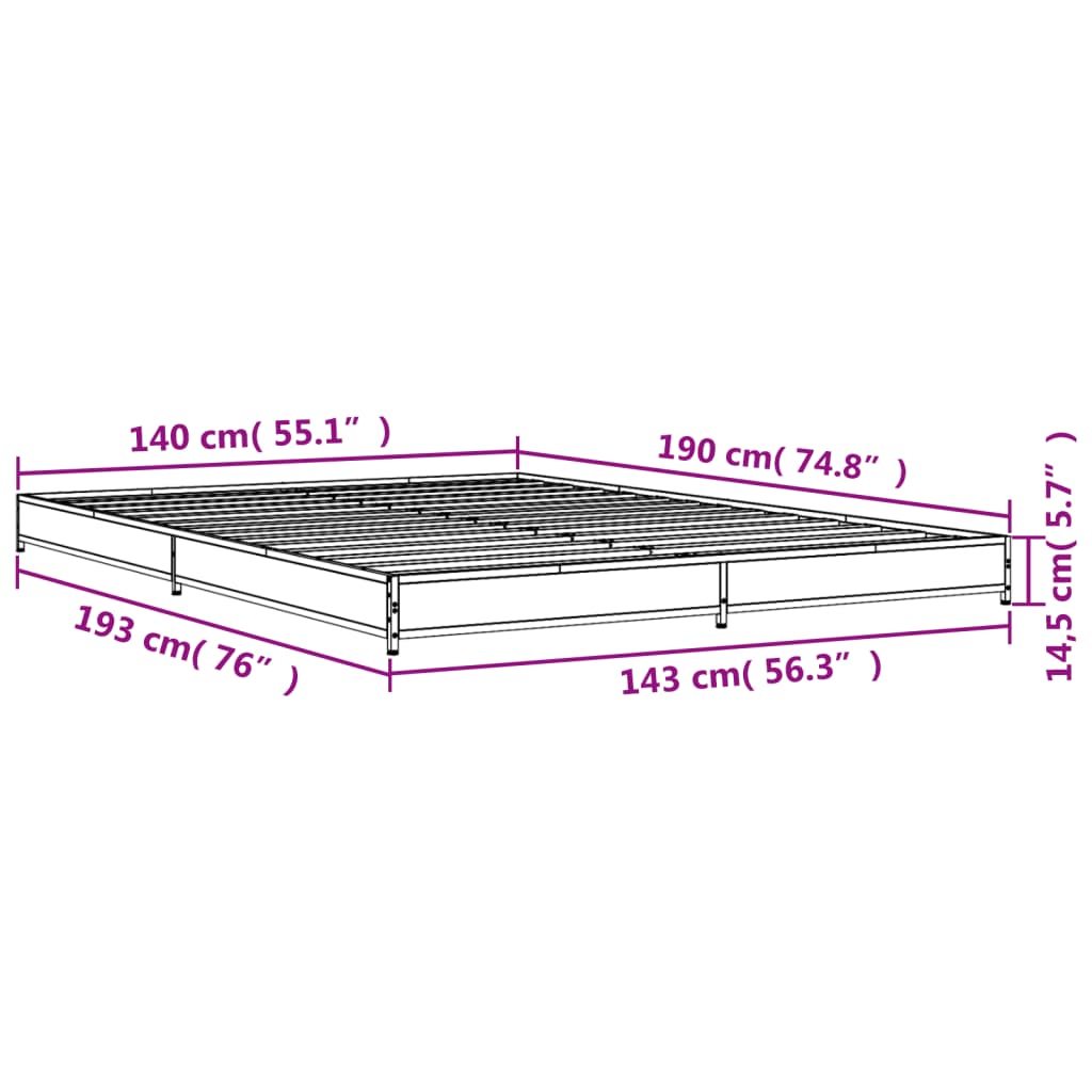 vidaXL Posteljni okvir sonoma hrast 140x190 cm inž. les in kovina