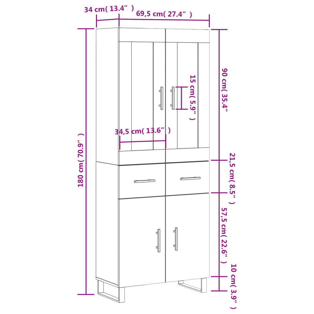 vidaXL Visoka komoda rjav hrast 69,5x34x180 cm inženirski les