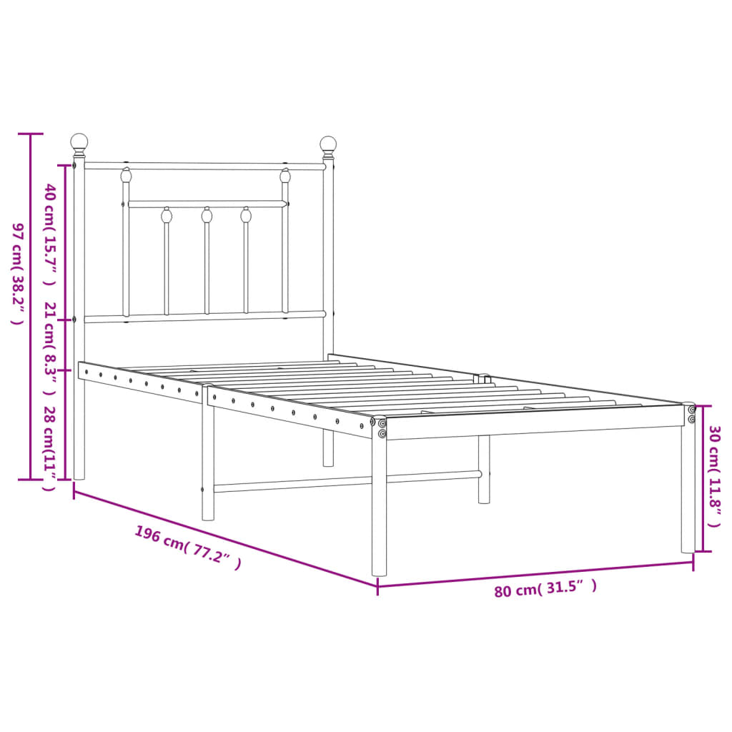 vidaXL Kovinski posteljni okvir brez vzmetnice z vzglavjem 75x190 cm