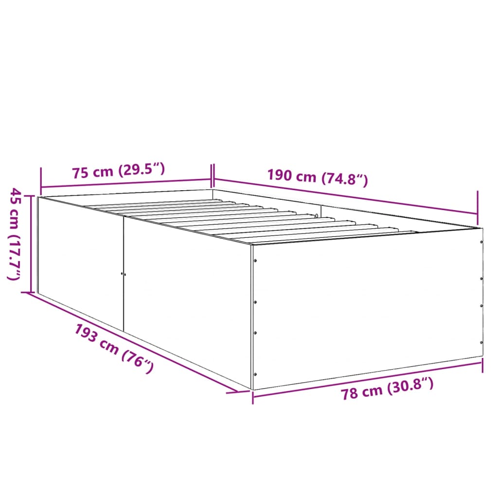 vidaXL Posteljni okvir siva sonoma 75x190 cm inženirski les