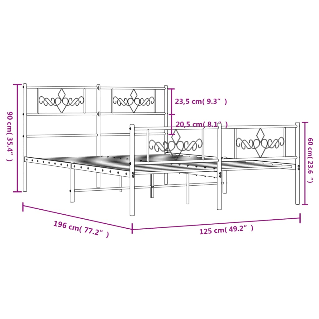 vidaXL Kovinski posteljni okvir z vzglavjem in vznožjem bel 120x190 cm