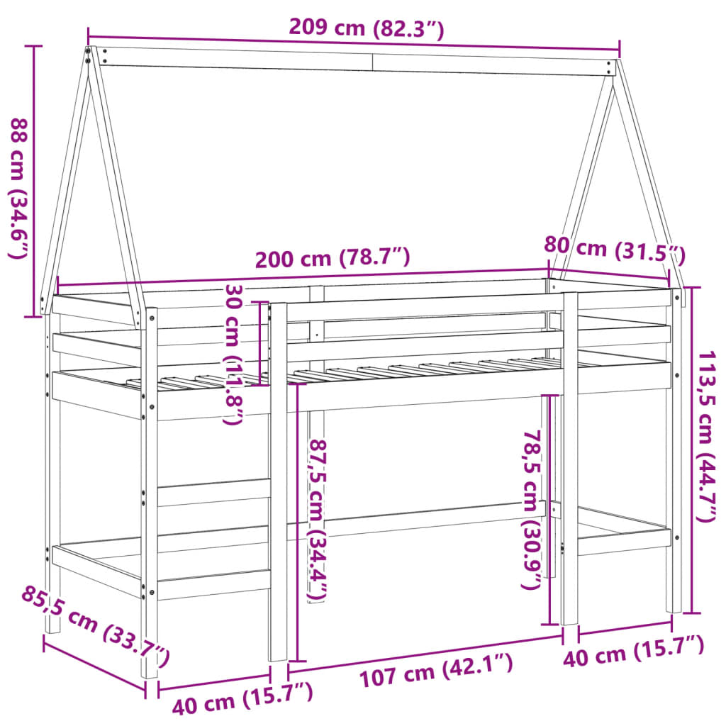 vidaXL Posteljni okvir z lestvijo in streho 80x200 cm borovina