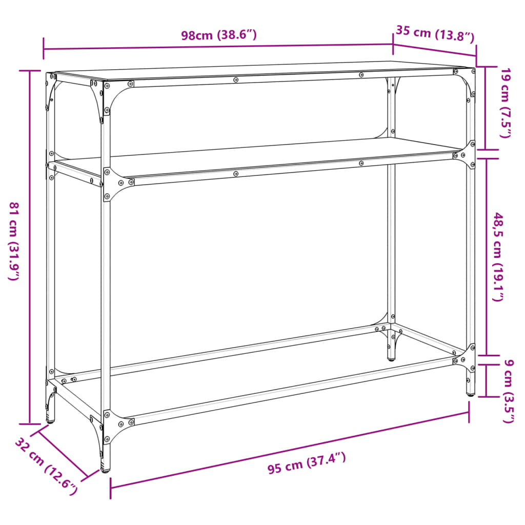 vidaXL Konzolna mizica s stekleno površino 98x35x81 cm jeklo