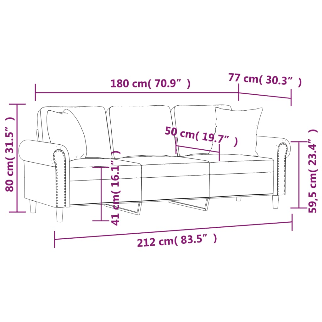 vidaXL Kavč trosed z okrasnimi blazinami črn 180 cm žamet